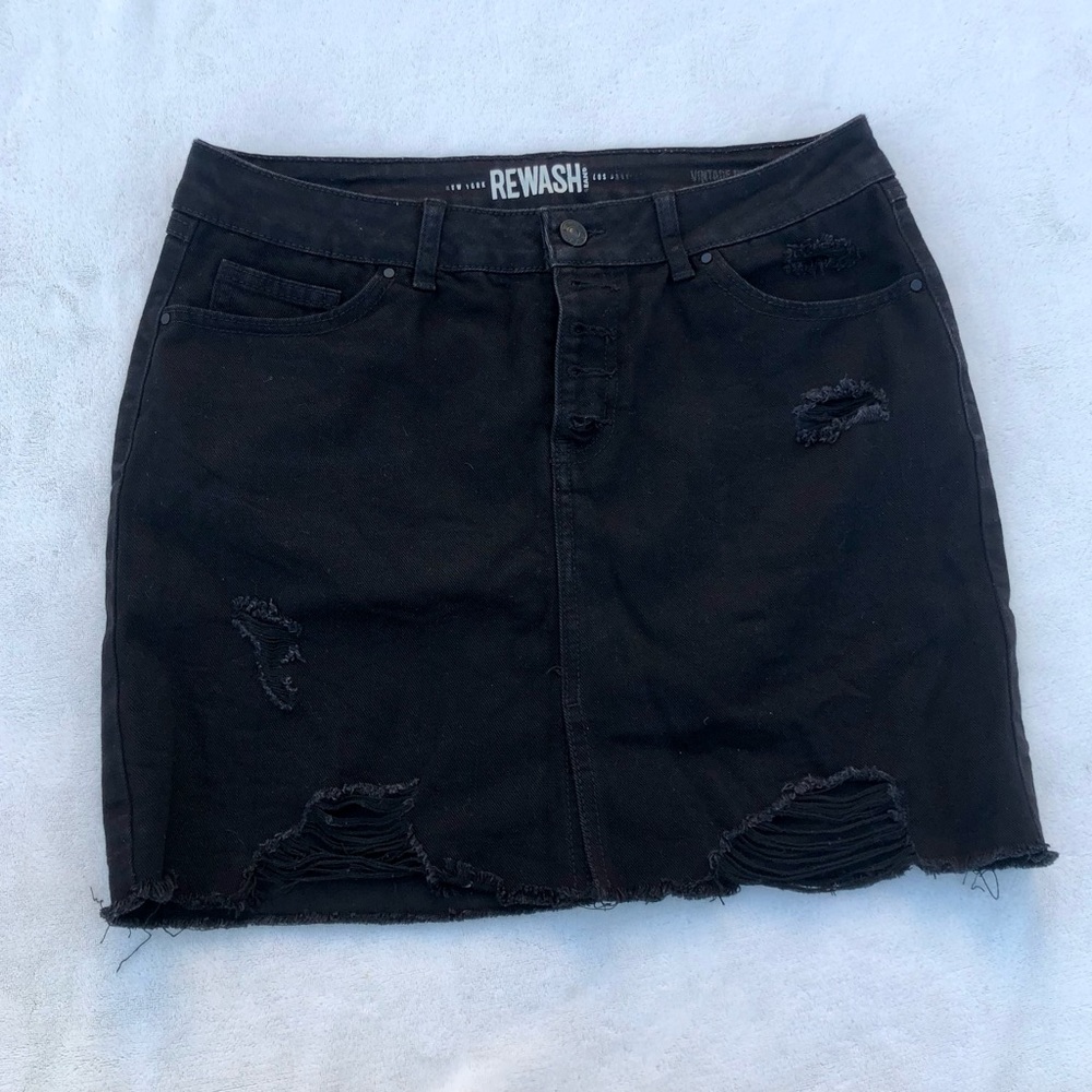 Rewash Mini Skirt Denim Button Fly Distressed Mini Skirt Black Raw Hem Size 9…